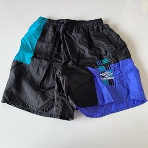 Vintage 90s Umbro Shorts Mens Small Athletic Soccer Colorblock Black Purple Teal